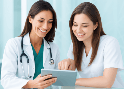 Female doctors discussing a case