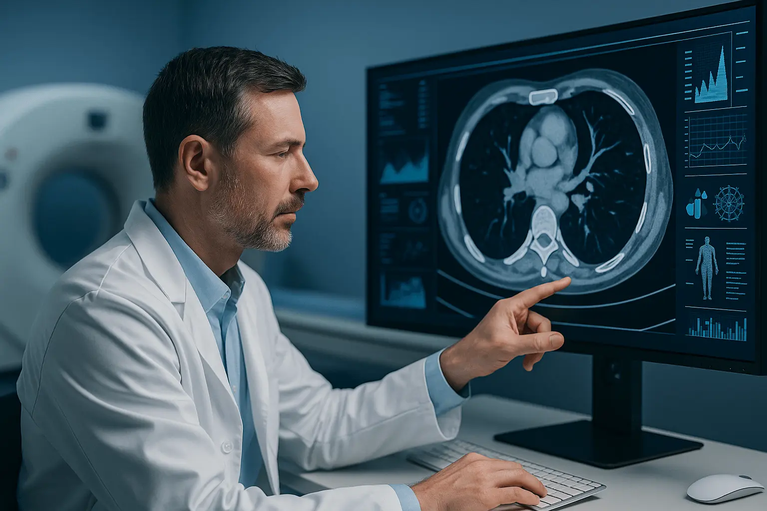 Doctor pointing at a computer screen