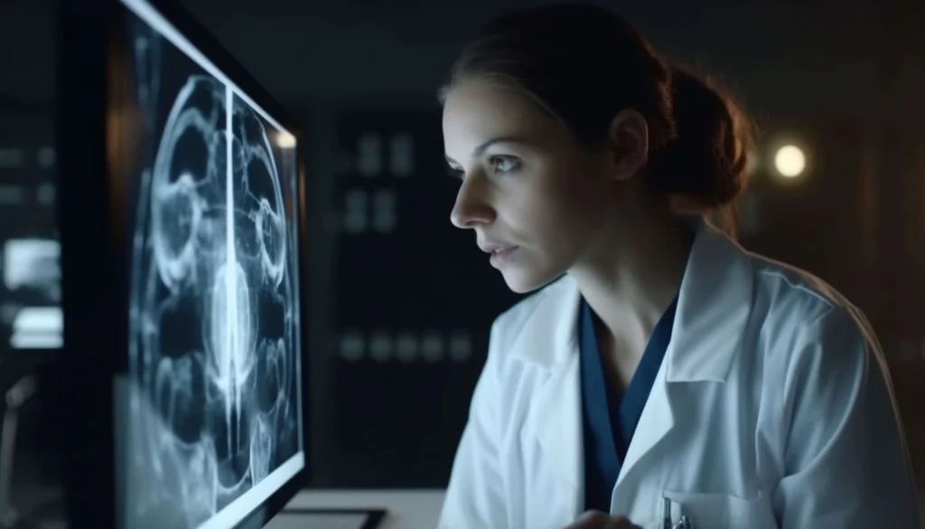 Médica analisando imagem radiologia no computador