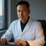 Male doctor pointing at a tablet