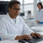 Female doctor pointing at a tablet