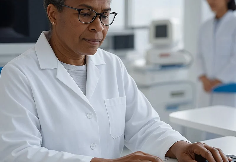 Female doctor pointing at a tablet