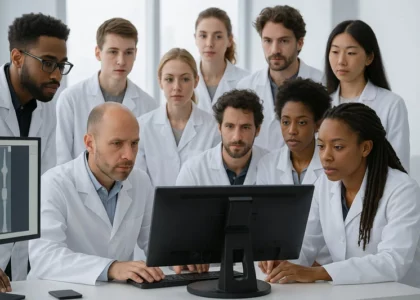 Grupo de médicos discutindo caso